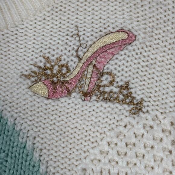 Vintage 80s Maribetza Sweater Women’s M White Knit Beaded Embroidered Abstract - Picture 4 of 5